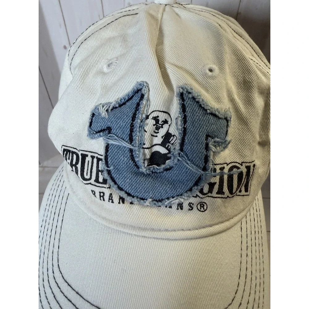 True Religion Y2k White Buddha Logo Distressed Frayed Strapback Hat Adjustable *